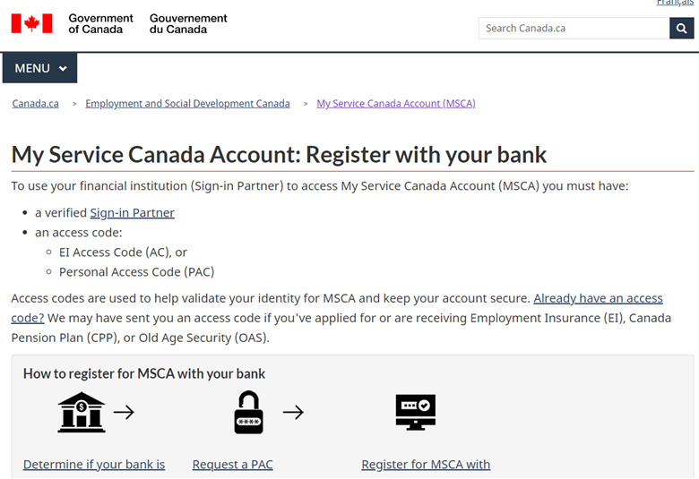 My Service Canada Account Register with your bank