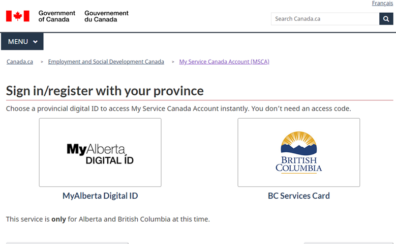Sign in register with your province alberta only